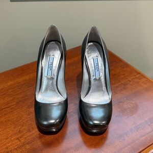 Prada Metallic gray patent leather platform heel